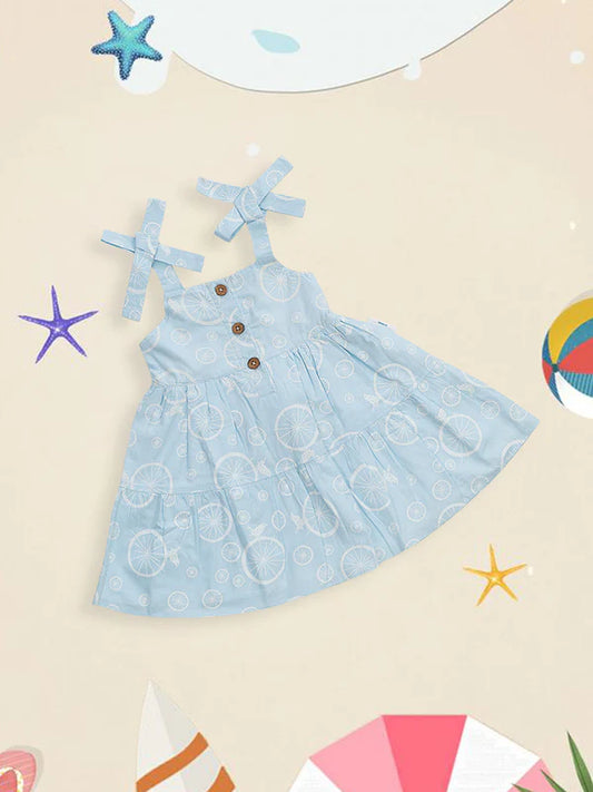 Lemon Pattern Button-Up Dress with Tie Straps