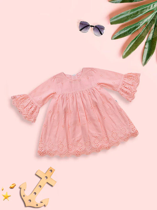 MEE MEE Peach Cotton Frock – Embroidered Design with Flared Bell Sleeves
