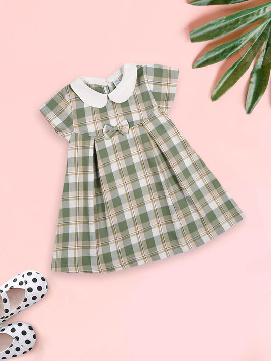 MEEMEE Olive Cotton Dress for Baby Girls Featuring a Chic Peter Pan Collar