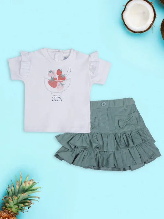 Mee Mee Blue Cotton Short Set – Stylish Ruffled Skirt & Strawberry Print T-Shirt for Girls