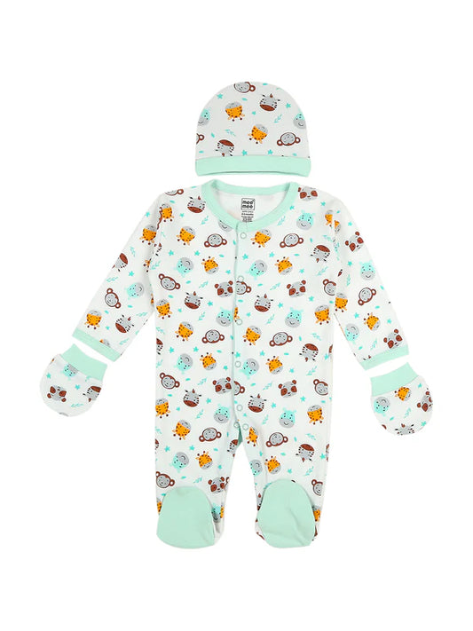 Mee Mee Green Cotton Baby Gift Set – 5-Piece Pack with Romper, Bodysuit, Cap, Bib & Mittens