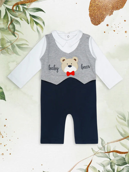Mee Mee Navy Cotton Romper – Adorable Baby Bear Appliqué with Collar & Snap Closures
