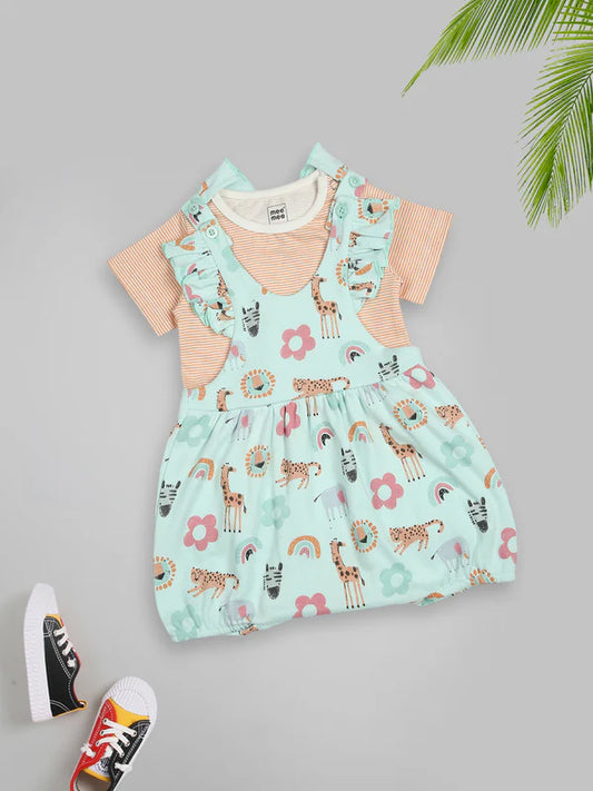 Mee Mee Mint Cotton Romper Set with Animal Print & Striped Inner Tee