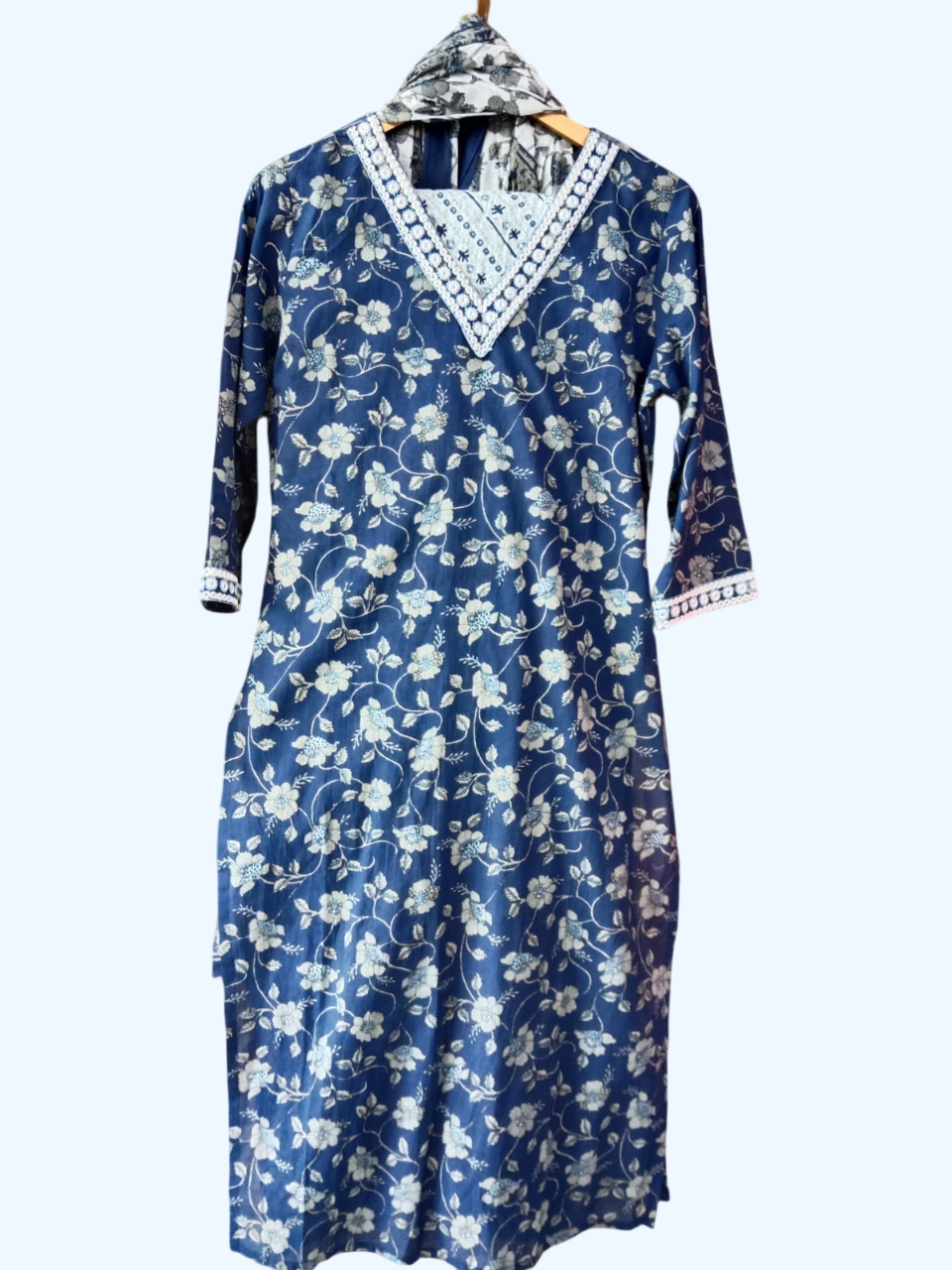 Floral Printed V-Nek Mirror Work Straight Kurta With Trouser And Dupatta #KS-S25-SK-0011