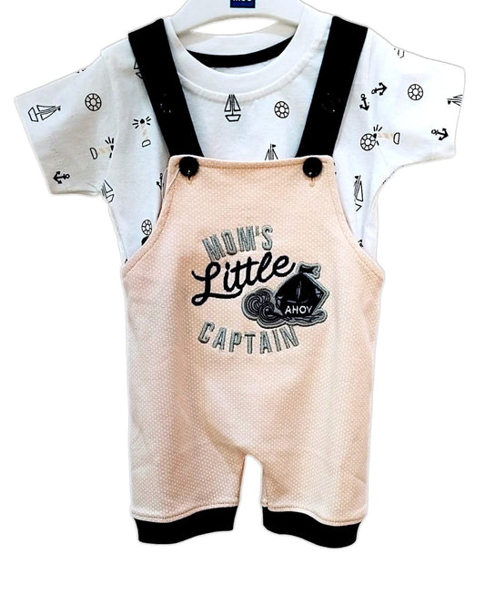 Mee Mee Cotton Navy Romper Set with Striped Dungaree & Dinosaur Appliqué for Babies