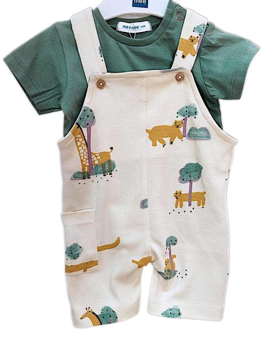Mee Mee Cotton Navy Romper Set with Striped Dungaree & Dinosaur Appliqué for Babie