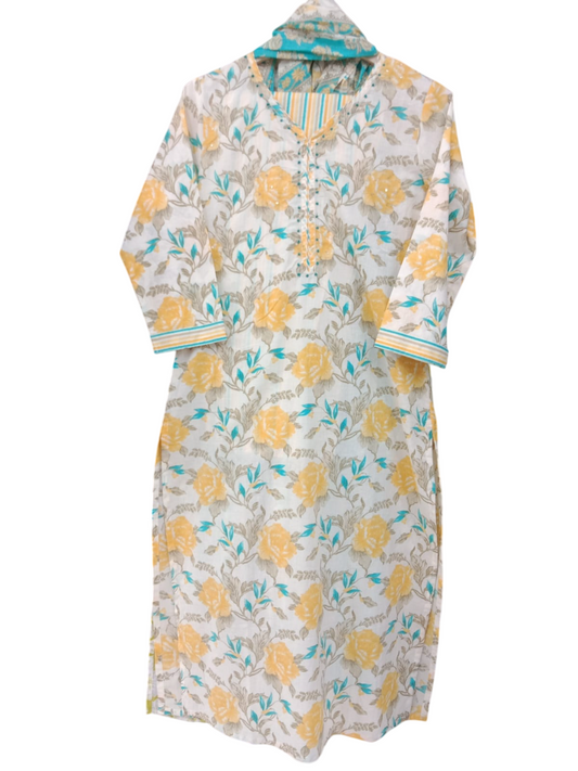 cream and yellow, Printed Kurta with Palazzo#KS-S25-sk-0050