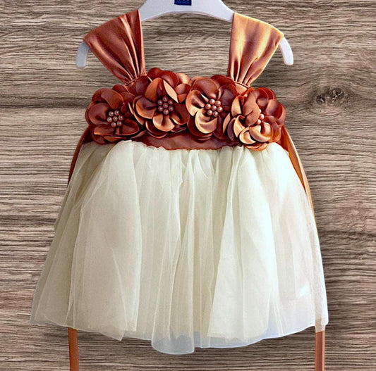 MEE MEE Peach Partywear Frock – Elegant Tulle Design with Floral Embellishments