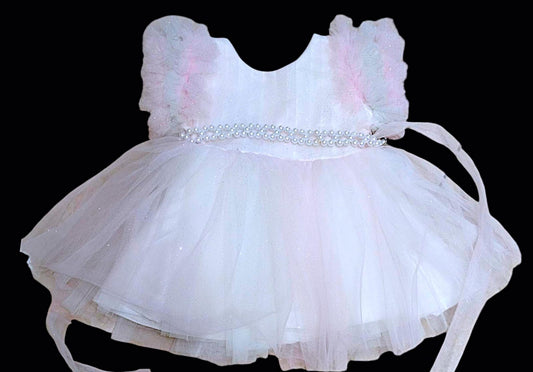 Mee Mee Baby Pink Satin Partywear Frock with Bow & Pearl Embellished Neckline