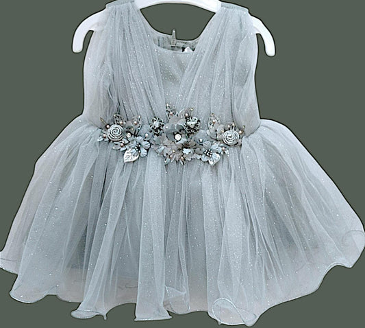 Mee Mee Grey Net Partywear Frock with Floral Appliqué – Elegant Tulle Dress for Girls