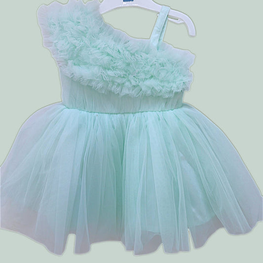 Mee Mee Mint Satin Pleated Partywear Frock with Embellished Waist & One-Shoulder Drape