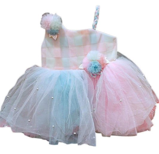 Meemee Elegant Light Blue and Pink Tulle Frock for Baby Girls' Parties