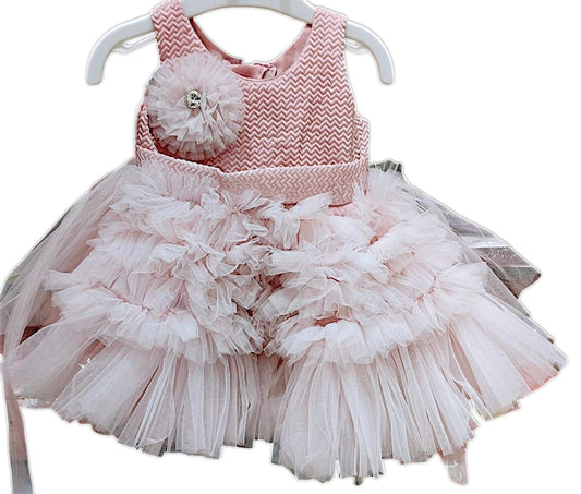 Meemee Charming Pink Party Dress with Tulle Skirt and Floral Embellishment