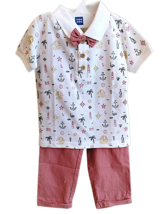 MeeMee Charming Rose Cotton Trouser Set for Baby Boys with Bow Tie