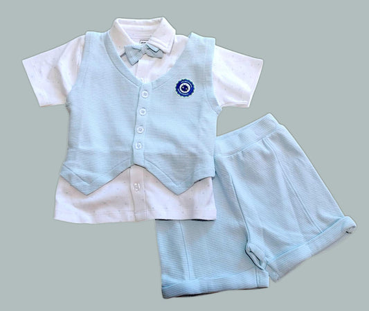 Meemee Blue and White Striped Cotton Waistcoat Set for Baby Boys