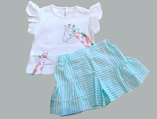 Mee Mee Blue Cotton Short Set – Stylish Ruffled Skirt & Strawberry Print T-Shirt for Girls