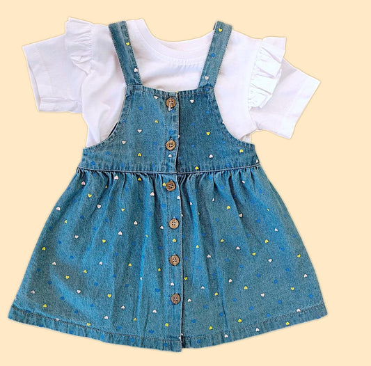 Mee Mee Dark Pink Denim Pinafore Set – Unicorn Embroidered Dress with Star Print Tee