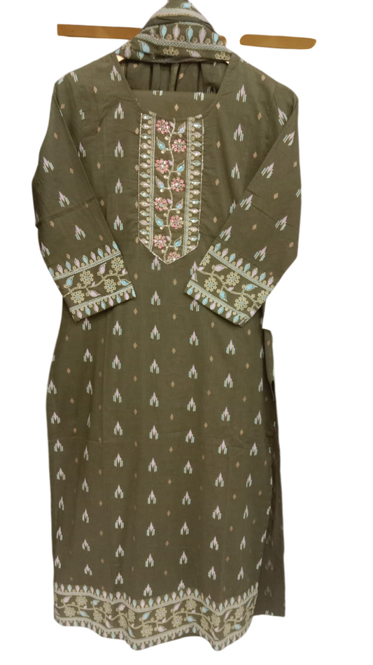 Green, print, Kurta with Trousers & Dupatta #KS-S24-SK-1078