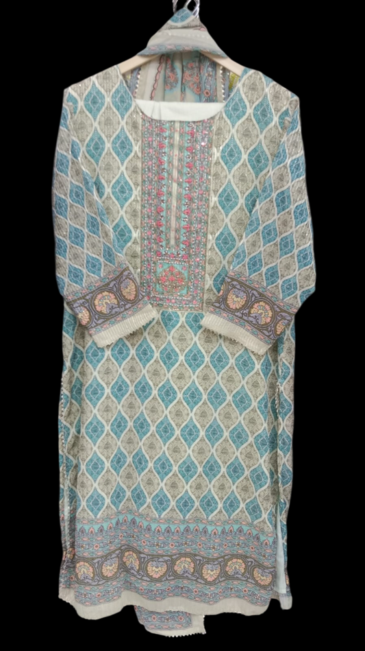 Green, print, Kurta with Trousers & Dupatta #KS-S25-SK-0217