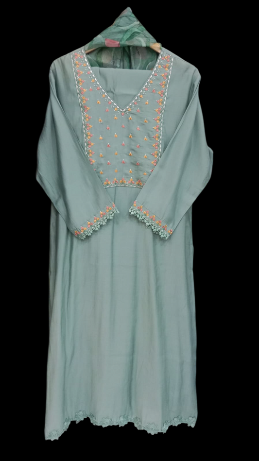 Green, print, Kurta with Trousers & Dupatta #KS-S25-SK0581