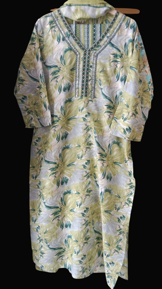 Green; print, Kurta with Trousers ; Dupatta #KS-S25-SK-1352