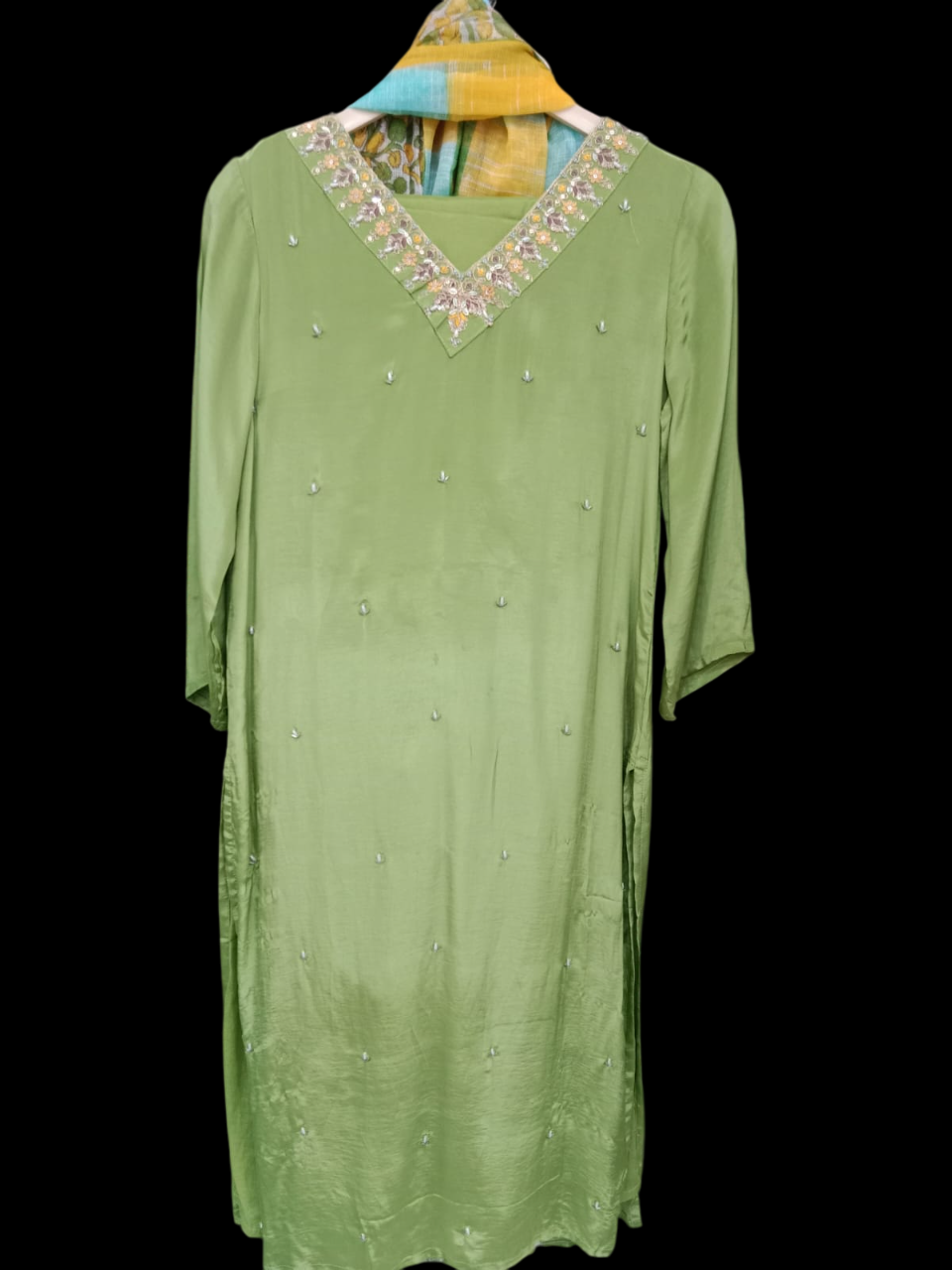 Green Kurta with Trousers &amp; print Dupatta #K-S-24-SK-13-086