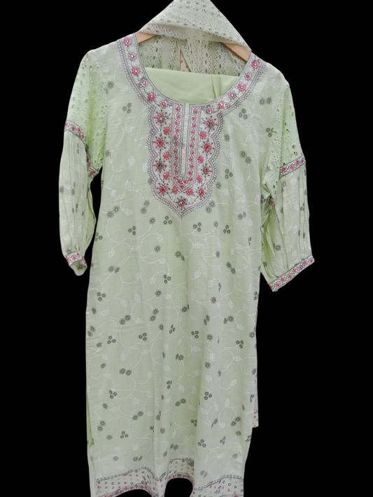 Green Kurta with Trousers & print Dupatta KS-A24-SK-0990