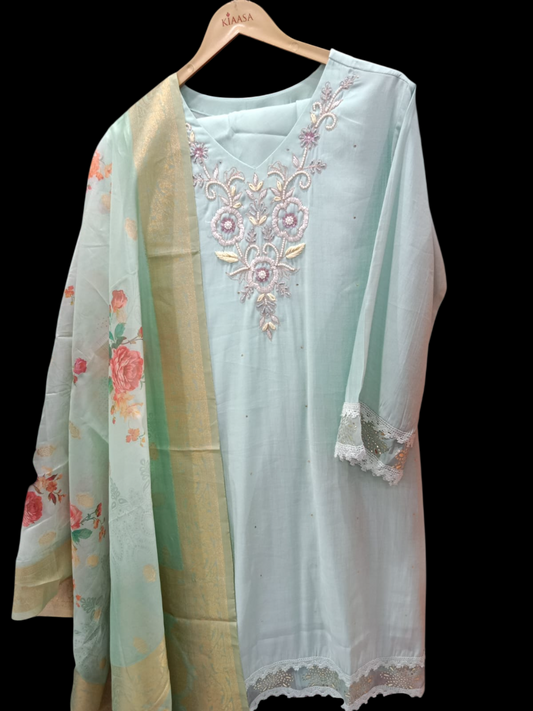 Aqua ,Muslin Gota Work Kurta Dhoti Dupatta Suit #K-S-24-SK-13-279