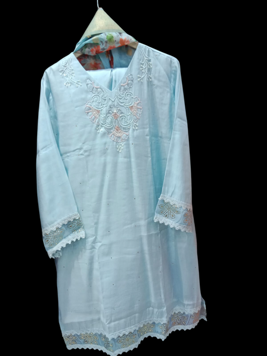,Light blue, Muslin Gota Work Kurta Dhoti Dupatta Suit #K-S-24-SK-13-281