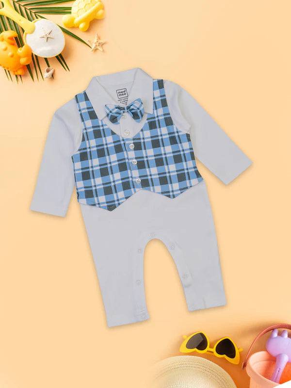 Meemee Cotton Romper in Blue and White Plaid for Baby Boys - Adorable and Comfortable Outfit