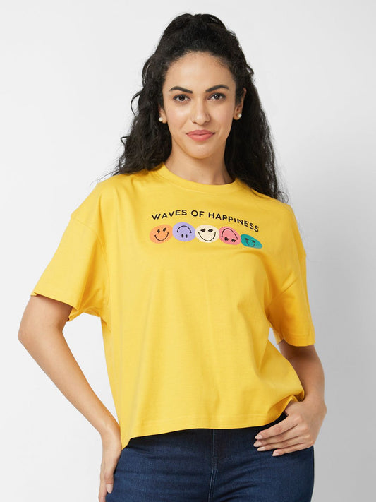 Spykar Round Neck Half Sleeves Yellow T-shirt For Women #WKTFT1BD084