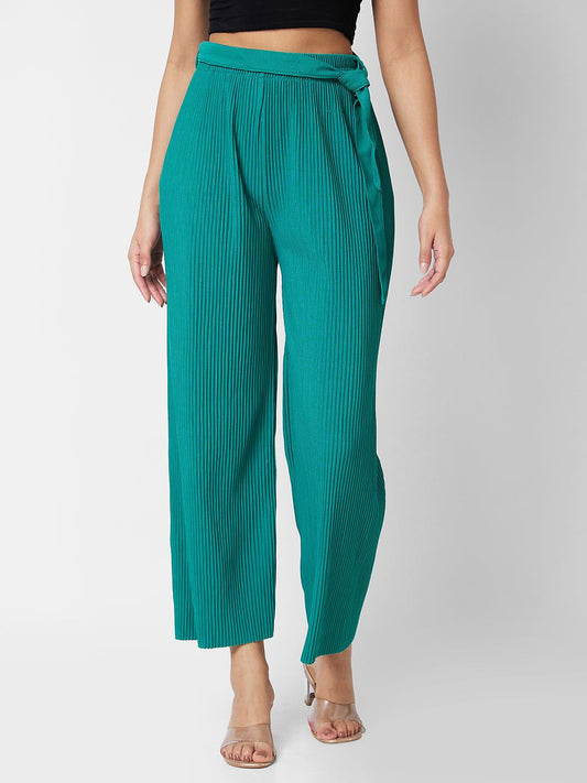 Spykar High Rise Wide Leg Green OFF WHITE Knits Pant For Women #WKTR1BD029