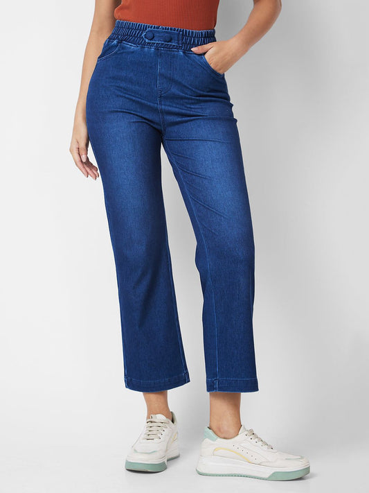 Spykar High Rise Wide Leg Blue Knits Pant For Women #WKTR1BD028