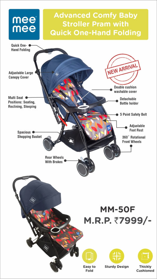 Comfortable Pram with 3 Seating Position(Light Blue)