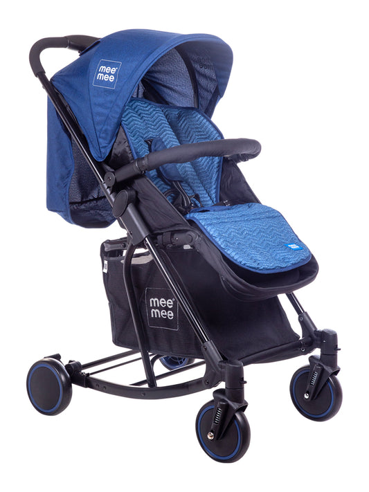 Premium Baby Pram with Rocker Function | Large Basket | One Hand Folding - Blue