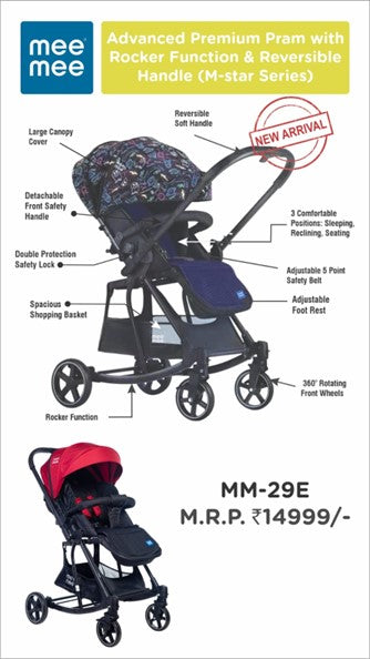 Premium Baby Pram with Rocker Function | Large Basket | One Hand Folding - Blue