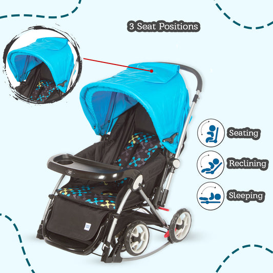 Baby Pram with Rocker Function and 3 Seating Positions with Feeding Tray - Blue Printed