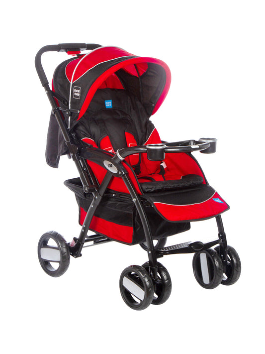 Mee Mee Baby Pram for 0-3 Years | 3 Level Seat Adjustment with Reversible Handle | 5 Point Safety Harness, Swivel Front Wheels, Extendable Canopy with 3 Level Adjustable Footrest (Dark Red)