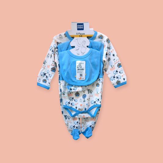 Mee Mee Soft Cotton Newborn Gift Set 5 Pcs | Clothing Hamper Baby Gift Set for Newborn 0-3 Months | Unisex Gift Set for Baby Boy & Baby Girl | Skin-Friendly Baby Clothes (Blue)